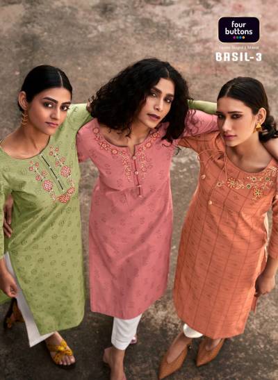 Basil Vol 3 By Four Buttons Stylish Embroidery Kurti Collection